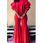Lovely Sweet Ruffle Design Red Two-piece Pants Set