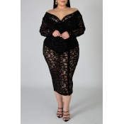 Lovely Casual V Neck See-through Black Mid Calf Pl