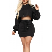 Lovely Casual Hooded Collar Crop Top Black Two-pie