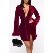 Lovely Chic Deep V Neck Wine Red Mini Dress