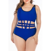Lovely Hollow-out Blue Plus Size One-piece Swimwea