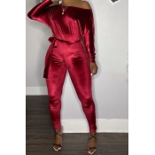 Lovely Casual Dew Shoulder Wine Red One-piece Jump