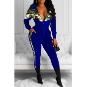 Lovely Casual Hooded Collar Patchwork Blue Two-pie