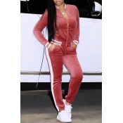 Lovely Trendy Zipper Design Pink Two-piece Pants S