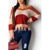 Lovely Casual V Neck Tassel Design Wine Red Sweate