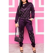 Lovely Casual O Neck Striped Purple Two-piece Pant