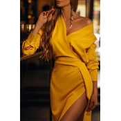 Lovely Trendy V Neck Yellow Knee Length Dress