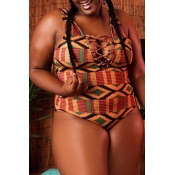 Lovely Print Multicolor Plus Size One-piece Swimwe