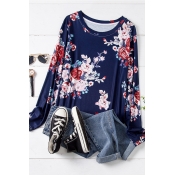 Lovely Casual O Neck Print Dark Blue Plus Size T-s