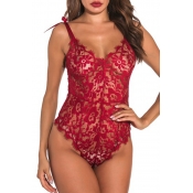 Lovely Sexy Lace Hollow-out Wine Red Teddies