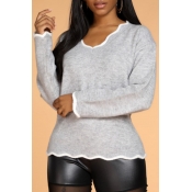Lovely Casual V Neck Flounce Design Grey Sweater