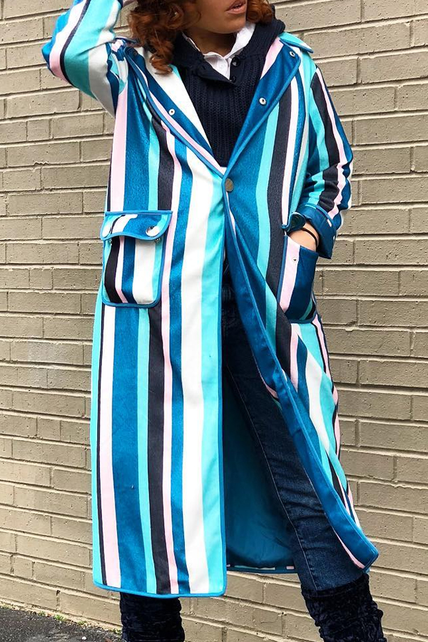 

Lovely Trendy Striped Blue Trench Coat