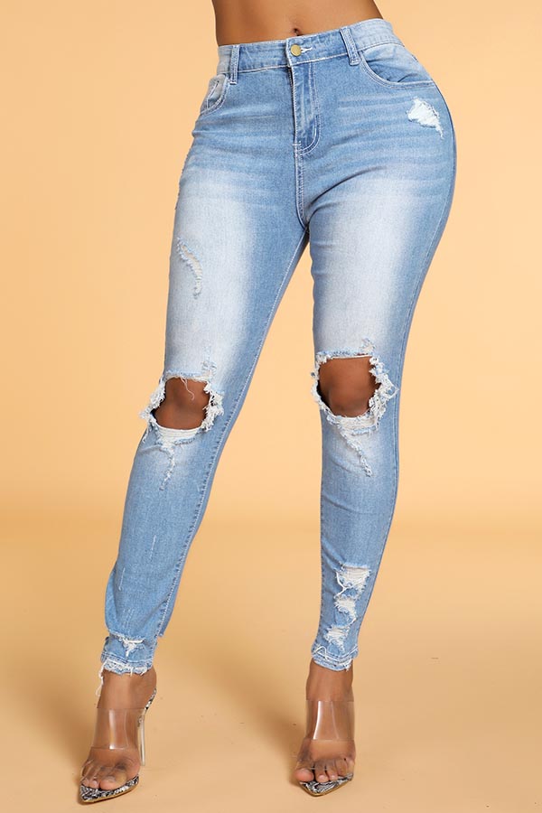 

Lovely Leisure Broken Holes Skinny Blue Jeans