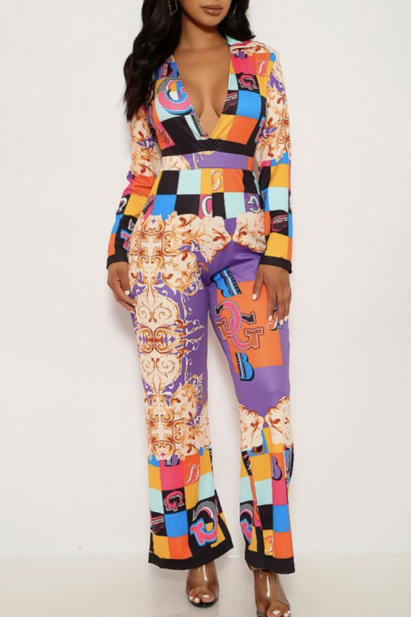 

Lovely Trendy V Neck Print Purple One-piece Jumpsuit