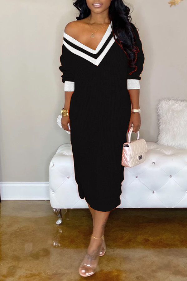 

Lovely Casual V Neck Patchwork Black Mid Calf Dress
