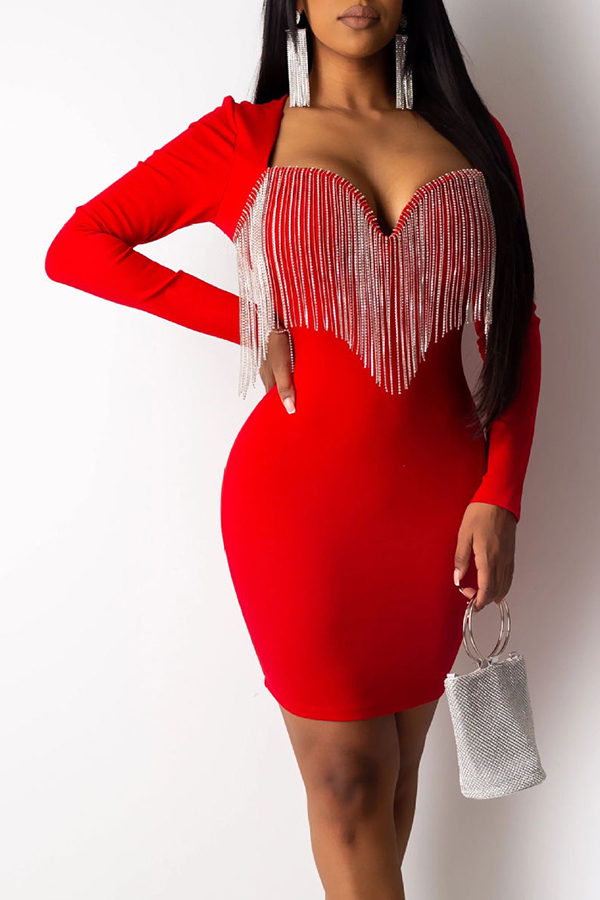 

Lovely Party Tassel Design Red Mini Dress