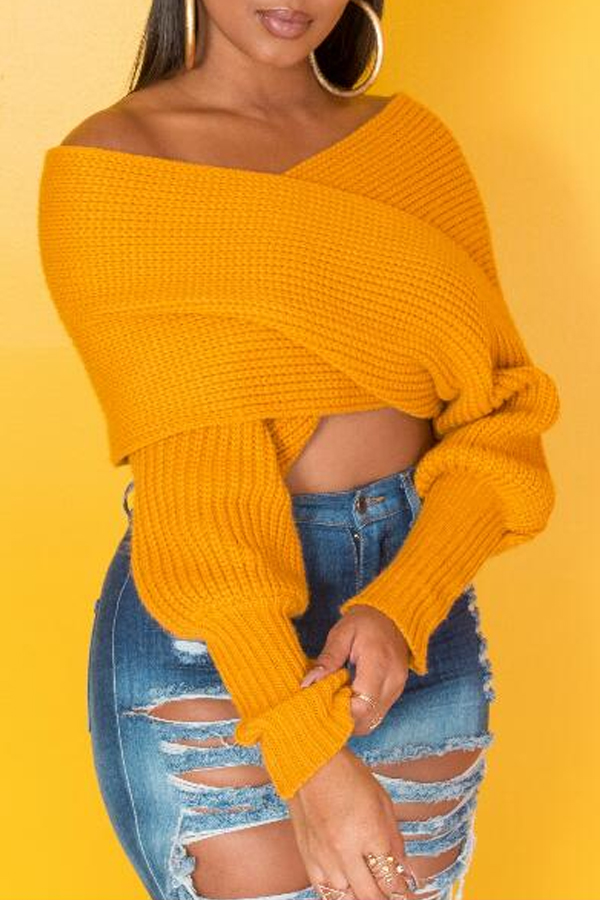 

Lovely Casual V Neck Cross-over Design Yellow Sweater