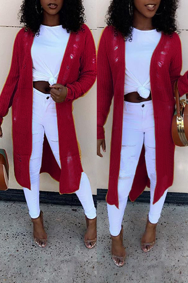 

Lovely Leisure V Neck Broken Holes Purplish Red Cardigan