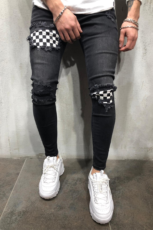 

Lovely Casual Plaid Patchwork Black Jeans