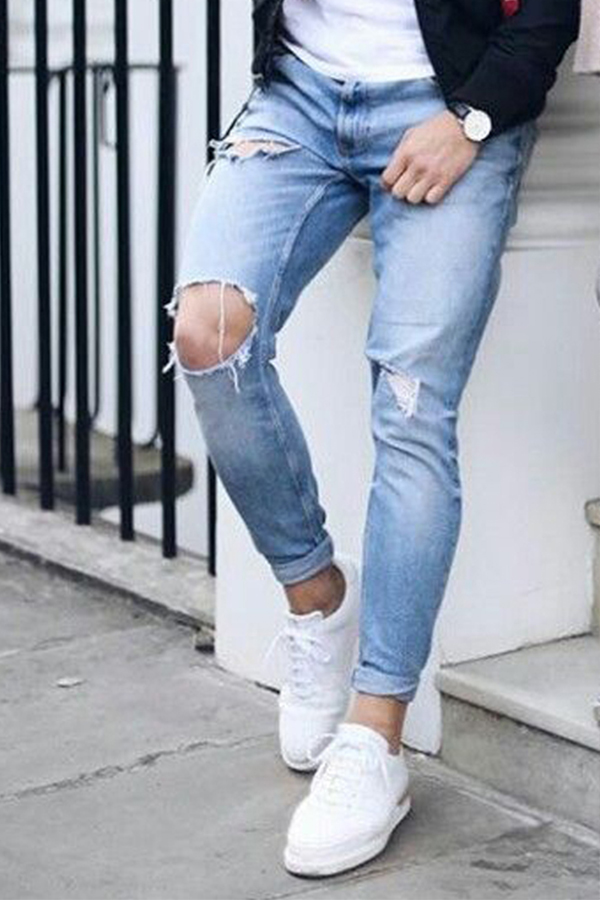 

Lovely Casual Hollow-out Baby Blue Jeans