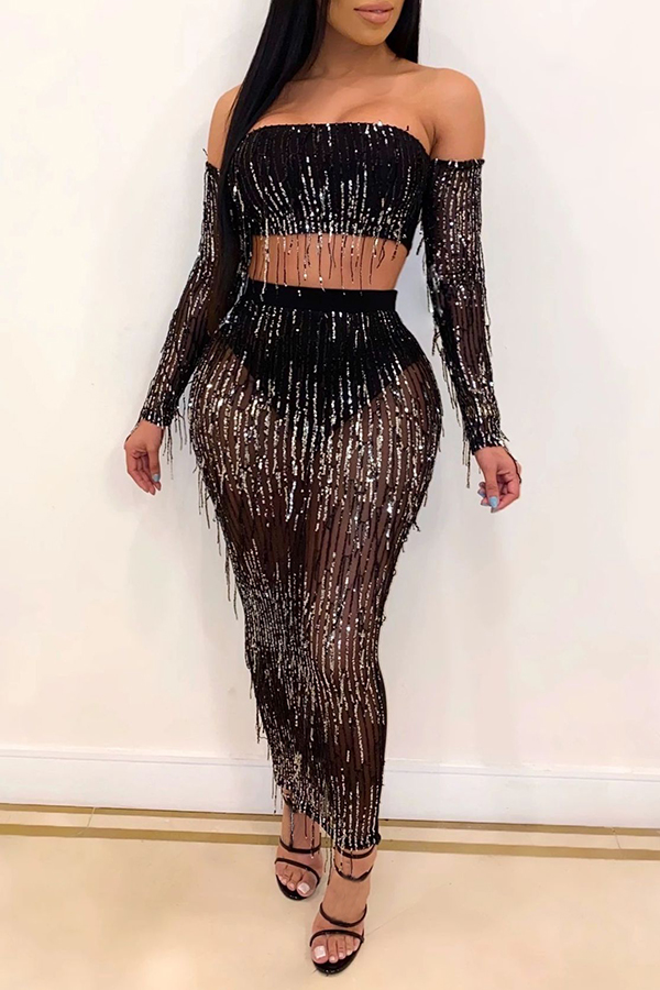 

Lovely Party Tassel Design Black Two-piece Skirt Set