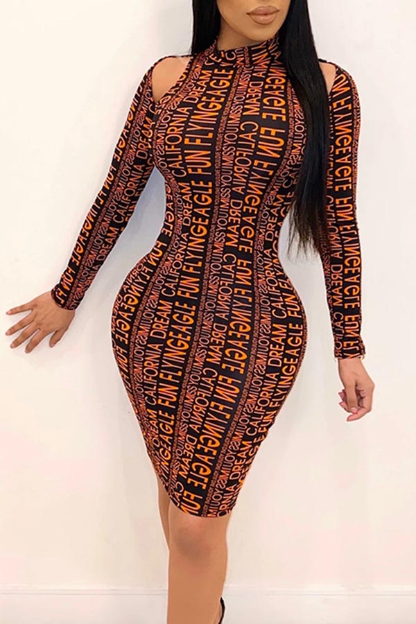 

Lovely Trendy Letter Print Orange Knee Length Dress