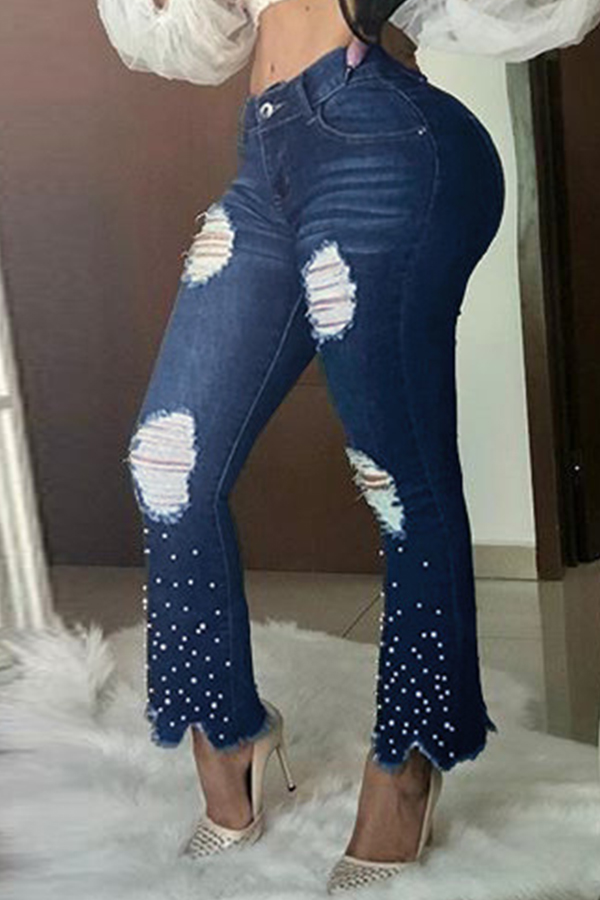 

Lovely Trendy Hollow-out Deep Blue Jeans