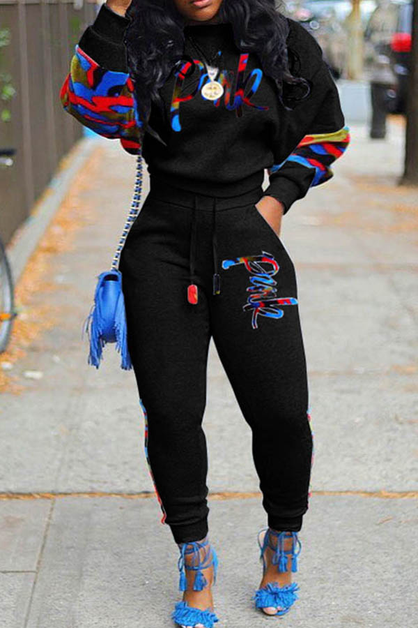 

Lovely Casual O Neck Patchwork Black Two-piece Pants Set