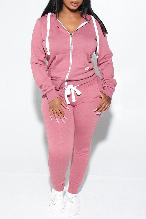 

Lovely Casual Hooded Collar Zipper Design Dusty Pink Two-piece Pants Set