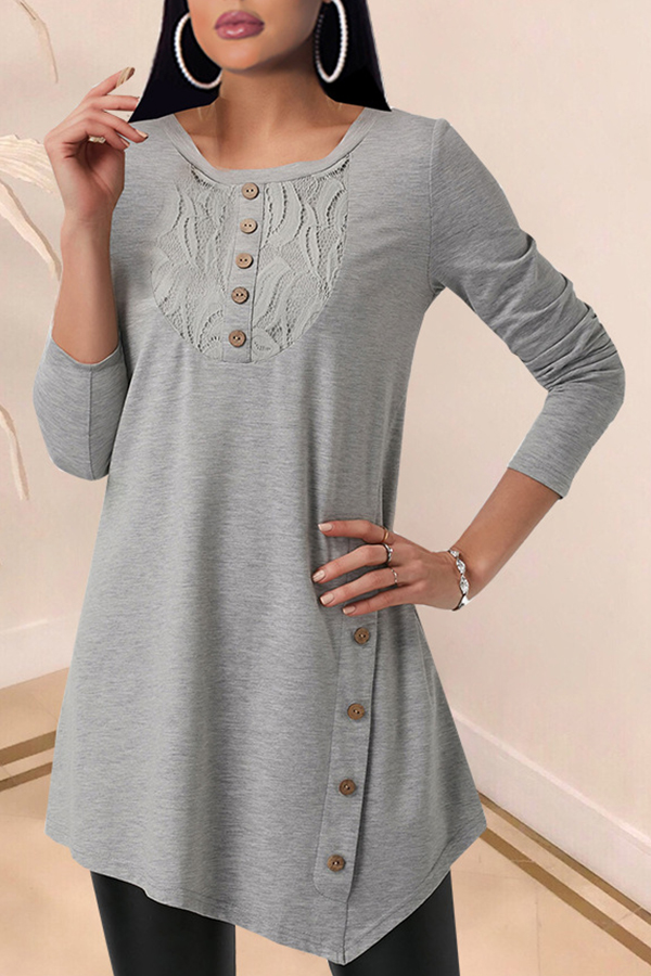 

Lovely Casual Buttons Design Grey T-shirt