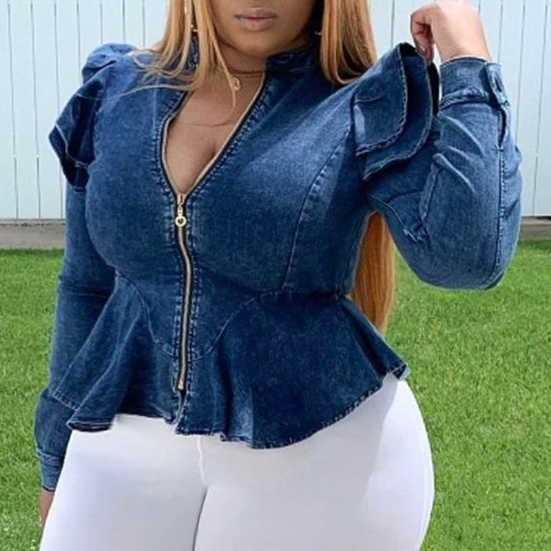 

Lovely Chic Zipper Design Flounce Blue Plus Size Coat