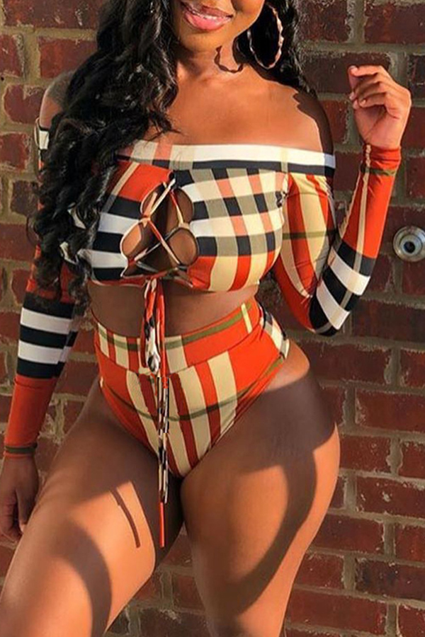 

Lovely Plaid Print Multicolor Two-piece Swimsuit, Multi
