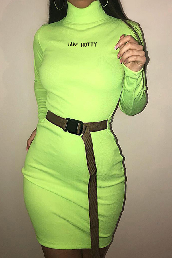 

Lovely Casual Turtleneck Letter Green Mini Dress(Without Belt