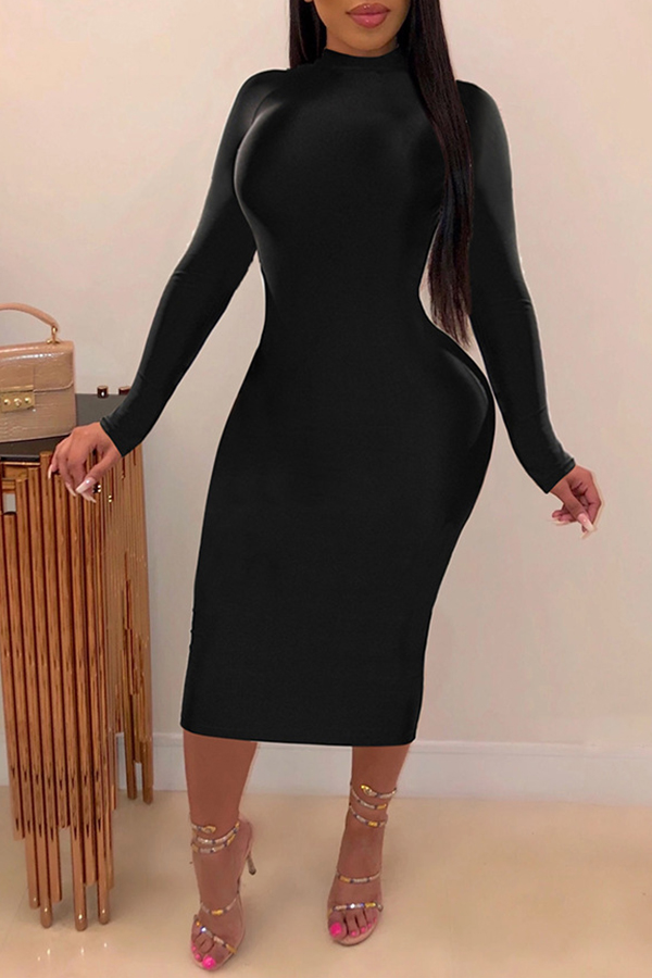 

Lovely Trendy Mandarin Collar Backless Black Mid Calf Dress