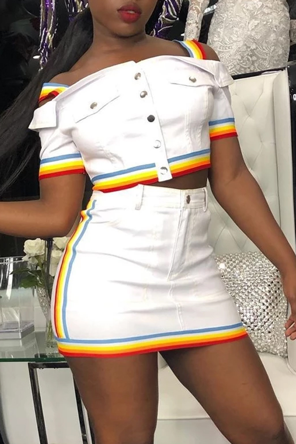 

Lovely Trendy Rainbow Striped White Two-piece Skirt Set