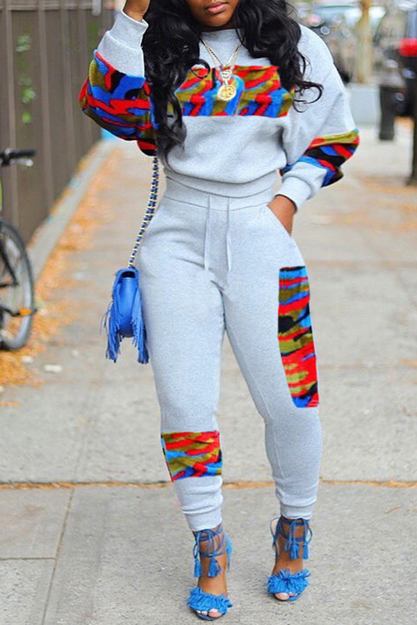 

Lovely Casual Patchwork Print Grey Two-piece Pants Set