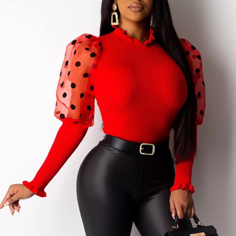 

Lovely Sweet Dot Patchwork Red Blouse