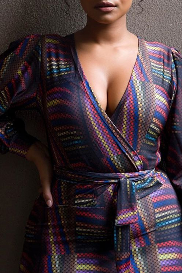 

Lovely Work V Neck Print Multicolor Plus Size Mini Dress, Multi