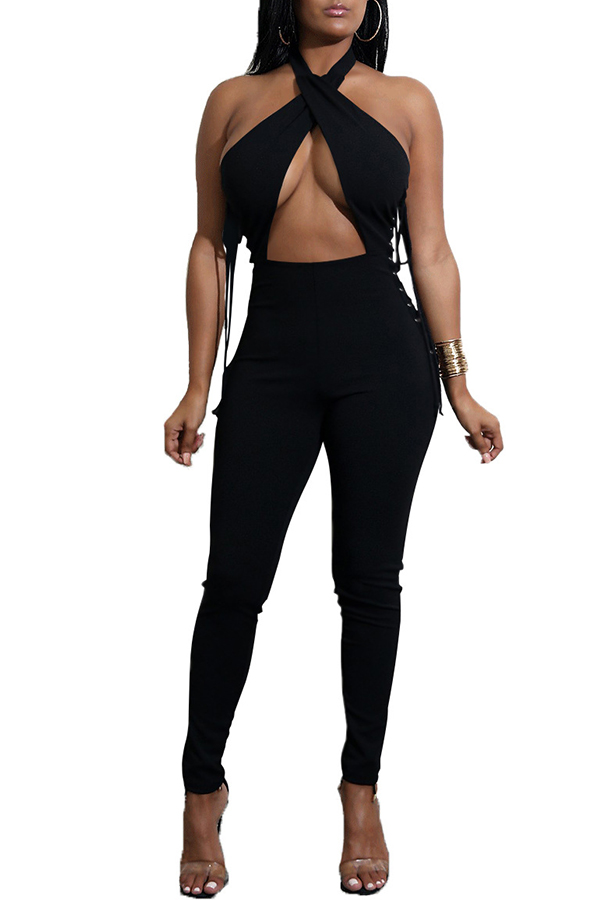 

Lovely Sexy Cross-over Design Black One-piece Jumpsuit