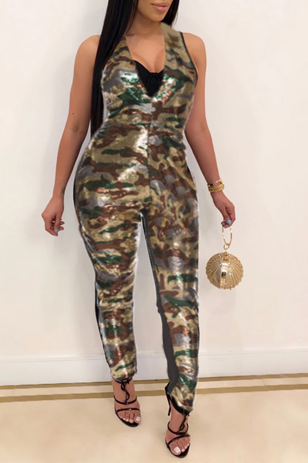 

Lovely Trendy Patchwork Camo Army Green One-piece Jumpsuit, Army green camouflag