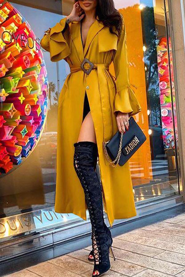 

Lovely Casual Lace-up Yellow Trench Coat