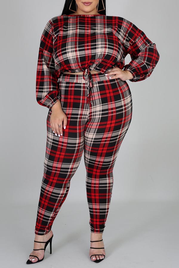 

Lovely Trendy Plaid Print Red Plus Size Two-piece Pants Set