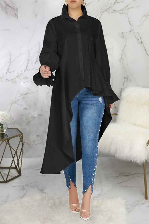

Lovely Casual Turndown Collar Asymmetrical Black Blouse
