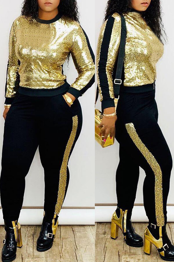 

Lovely Casual Patchwork Gold Two-piece Pants Set