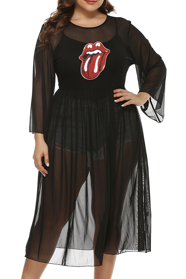 

Lovely Casual O Neck Lip Print Black Plus Size Blouse