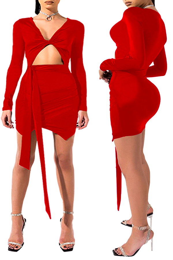 

Lovely Stylish V Neck Hollow-out Red Mini Dress