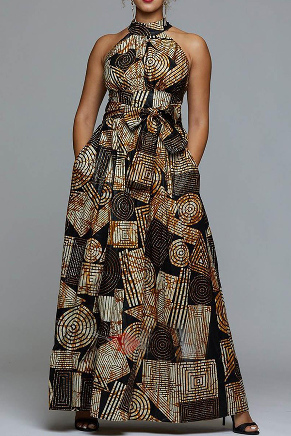 

Lovely Party Dew Shoulder Print Coffee Prom Dress