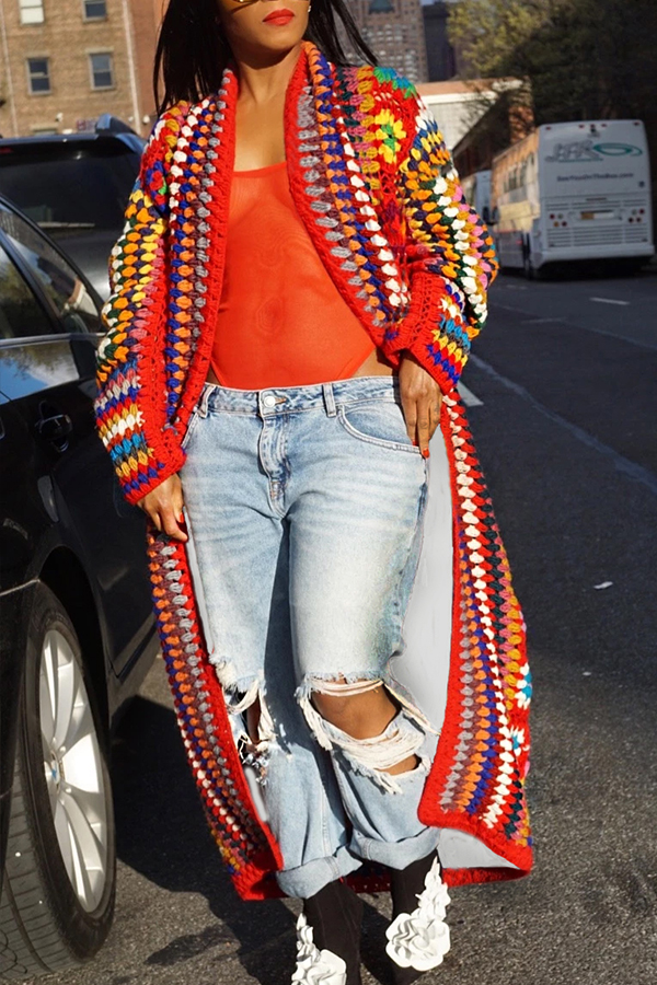 

Lovely Casual Print Red Coat