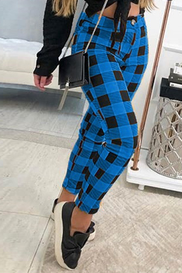 

Lovely Casual Plaid Print Blue Pants