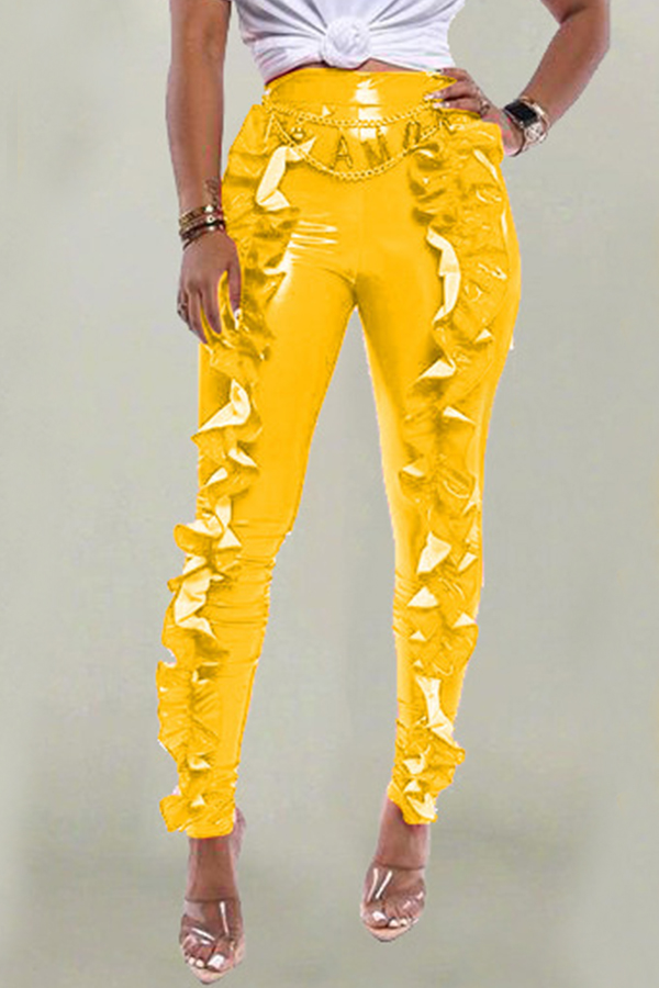 

Lovely Trendy Flounce Design Yellow Pants